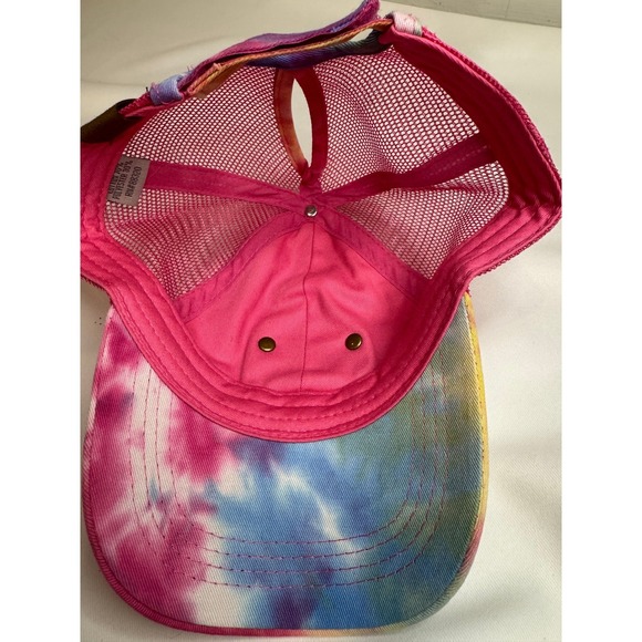 C.C. Tie Dye Trucker Hat Women OS Pink Repurposed Patch Ponytail Cap Excellent - Picture 7 of 8